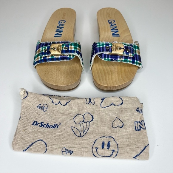 GANNI x Dr. Scholl's Blue Plaid Buckle Wooden Clog Slides Sandals Retro NEW - Picture 4 of 14